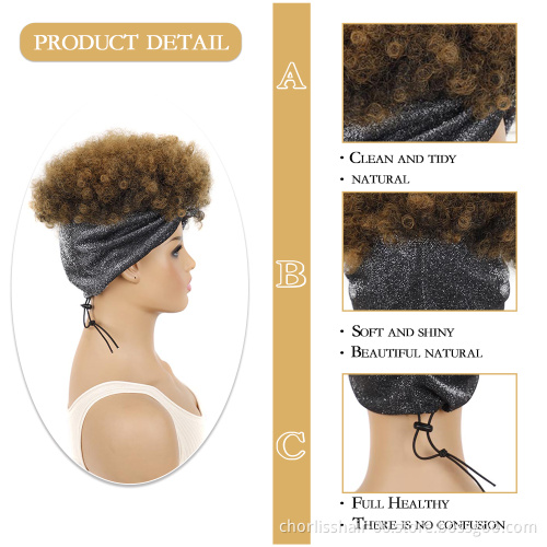 Wholesale Ombre Short Black Kinky Curly Fluffy Turban Wigs Heat Resistant Afro Synthetic Headband Attached Wigs For Black Women